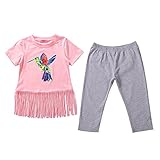 DBL S&M 女の子 Tシャツ+綿のパンツ フサの飾り 2点セット セットアップ ガールス 小鳥柄 タッセル 子供服 (130, ピンク)