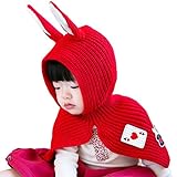 ベビー　ニット帽　ポンチョ　うさぎちゃん　かわいい (レッド)