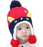 Seliyi ベビー帽子 ニット帽子 男の子 女の子 新生児 秋冬 ニット キッズ帽子 キャップ かわいい ポンポン付き 子供 裏起毛 防寒 ハット 出産祝い 防風 猫ちゃん（0~2歳） (1レッド)
