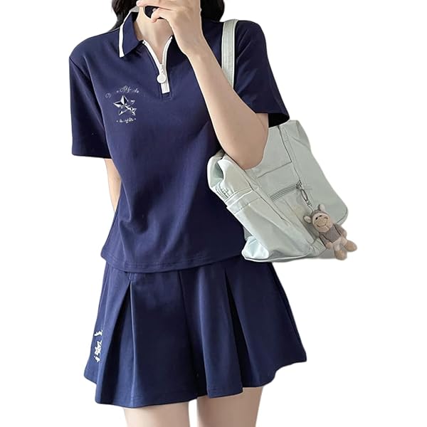 ハーフジップポロシャツ　バックプリーツスカート　セットアップ　春夏　半袖　S Amazon | [Noopior] セットアップ レディース 夏 半袖 ポロシャツ