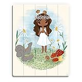 LittleチョコレートGirl : Precious Blackhairedガールズフラワークラウンwith Woodland Creatures Illustration壁アートプリント 9x12