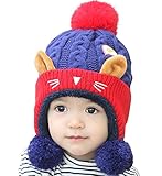 YY-Shop ベビー帽子 ニット帽子 男の子 女の子 新生児 秋冬 ニット キッズ帽子 キャップ かわいい ポンポン付き 子供 裏起毛 防寒 ハット 出産祝い 防風 猫ちゃん（0~2歳） (2ネイビ