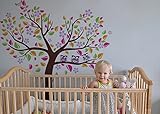 PopDecors - Colorful Heart Tree wit Lovely Owls (Dark Brown Tree) - Nursery Tree Decals Baby Wall De