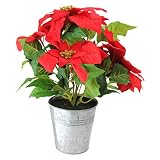 15.5 "人工赤と緑Poinsettia Flower Arrangement in Tin花瓶