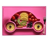 Kuke 二つ（ピンク+グーリン）防水シリコン　吸盤付き　強い吸着力　かわいいカー形プレート　遊び食べ 離乳食 ベビー食器　ランチ皿　お食事マット　赤ちゃんミニマット　子供食器　ベビー用品