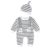 Juleyaing 新生児 赤ちゃん ストライプ ロンパース 男の子 女の子 ハット + ジャンプスーツ リトルグローブの装飾 子供服 幼児 カバーオール コットン 長袖 秋冬 出産祝い 衣装