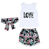 Domybest ベビー服 子供服 女の子 セットアップ トップス タンクトップ+ショートパンツ+ヘアバンド 3点セット コスチューム 花プリント 赤ちゃん カジュアル お出かけ 普段着 春 夏 (1