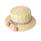 JOKnet キッズ 麦わら帽子 子ども あごひも付き 帽子 子供用 UV 熱中症 ハット 紫外線 ベビー 男の子 女の子 ポンポンピンク F