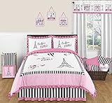 Pink Black and White Stripe Paris Childrens and Teen 3 Piece Full / Queen French Eiffel Tower Girls 