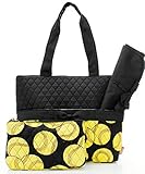 Quilted Black And Yellow Softball Sports Theme Print Monogrammable 3 Piece Diaper Bag With Changing 