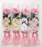 【Present Bear】 1輪くま束 アソート4本セット　ティアラ付くま1匹と薔薇の造花1輪　安心品質の国内製作 (シュガーピンク)