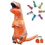 REKUCCI ティラノサウルス 着ぐるみ 恐竜 コスプレ ハロウィン コスチューム インフレータブルスーツ 大人 子供 膨張式 クリスマス 誕生日 文化祭 イベント 【顔出し 】 (子供120CM-140CM, オレンジ)