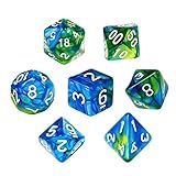 7個 多面体のダイス サイコロ 2色 16mm D20 D12 D10 D8 D6 D4 Dungeons and Dragons 、DND、 TRPG、 MTGなどテーブルゲーム用 (青・ 緑）