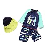 Double Two 子供 ベビー 男の子 水着 ラッシュガード フカ ブルー 長袖 カッコイイ 帽子付き 3点セット (120cm)