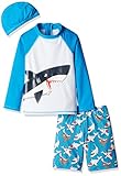 NIKONIKO ベビー ボーイズ 水着 長袖 ブルー ラッシュガード 鮫柄 上下二点セット 帽子付き 日焼け止めＬサイズ