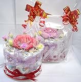 ご出産お祝い＜おむつケーキ＞　リーズナブルなお値段のかわいいおむつケーキ　フラワーA　(男女共用レッド系リボン）