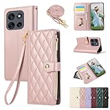 Yuotky for motorola moto g66j / g66y 5G ケース 手帳型 Moto g66j 5G ケース ショルダー Ｍoto g66y 5g スマホケース ひし形柄 モトローラ G66j カバー 人気 女性 モトローラ G66y スマホカバー 肩掛け カード収納 ジップ付き財布 小銭入れ 横置き機能 シンプル お洒落 携帯ケース (ローズピンク)