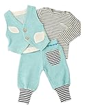 yuga☆【箱入り】「小人のベスト+バルーン・パンツ+ボーダー・Tシャツ 3点セット ターコイズ×グレー 90cm 」 オーガニックコットン100% ベビー 服 男の子 女の子 兼用 ロンT チョッキ
