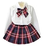 RoRykon 子供 ドレス 発表会 こどもドレス 卒業式 スーツ 女の子 フォーマル ワンピース 長袖 Tシャツ＋チェック柄スカート 2点セット 可愛い (120cm, ホワイト)