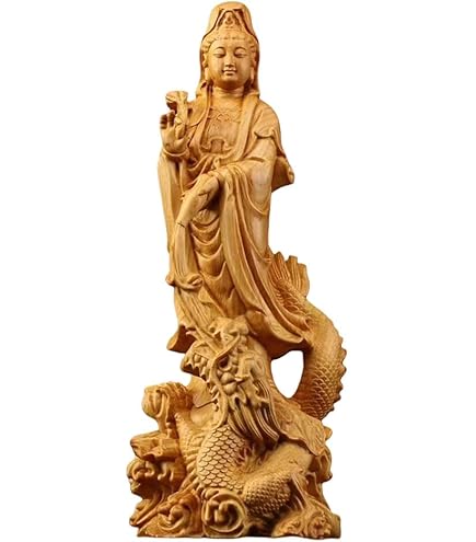 Amazon｜仏像 龍上観音 高さ約17cm 天然木製(柘植ツゲ) 木彫 彫刻 龍神