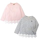 (ピンク/90cm)ベビー服 女の子 Tシャツ 長袖 UZULAND ジャガード天竺 花柄レース 刺繍 ギャザー入り スナップボタン 女児 ベビー