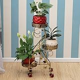 J-園芸ラック ラワースタンド フラワーラックアイアンメタルスタンドヨーロッパスタイル3つの植物のためのホイールと花棚を彫られた花鍋ホルダー棚スタンドラック庭のストレージシェルフ、屋内居間、バルコニー