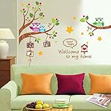 ufengke ® Cartoon Owlsツリー分岐壁飾り、子供の部屋保育園取り外し可能な壁のステッカー壁画