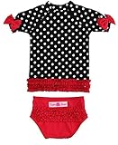 Rufflebutts ラッフルバッツ キュートなドット柄とリボンのフリフリ ラッシュガード 水着（ブラック＆レッド） 2T(80-90cm) [並行輸入品]