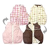 (ブラウン/80cm)ベビー服 女の子 アウター フルジップ ベスト リバーシブル 中綿 裏フリース 花チェック柄 ロゴ刺繍 女児 ベビー