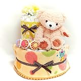 16067 おむつケーキ２段　男女共用　クマちゃんのぬいぐるみ　鈴のおもちゃとタオル　オムツケーキ　テディベア　初節句内祝い　１歳のお誕生日プレゼント　出産祝い