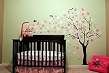 Pop Decors Black/Pink/White Go Left Drifting Flowers and Birds Beautiful Wall Stickers for Kids Room