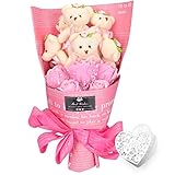 YOBANSA ソープフラワー 石鹸 花 バラ 造花 花束くま束 ベア ブーケ 可愛いぬいぐるみ (ベア6匹，花5匹) 父の日 誕生日 結婚祝い 結婚記念日のプレゼントにお勧め (シフォンパウダー)