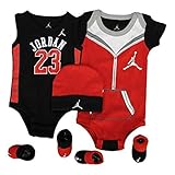 Nike Air Jordan 5 Piece Infant / Babyブーティレッド、ブラック、ホワイト0 – 6 M – 2ボディスーツ、2ペアのセットと帽子