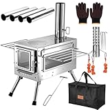 SENQI 薪ストーブ キャンプ 耐熱ガラス・煙突・スパークアレスター・グリッド棚付き コンパクト アウトドア ウッドストーブ テント用 焚き火台 BBQ 調理 暖炉 冬 折りたたみ