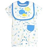 ベビー カバーオール 新生児 半袖 前開き スタイ付 赤ちゃん ベビー服 ロンパース サックス 60-70cm