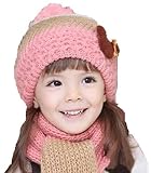 配色が かわいい ニット帽 マフラー セット 子供 キッズ (ピンク×ベージュ)