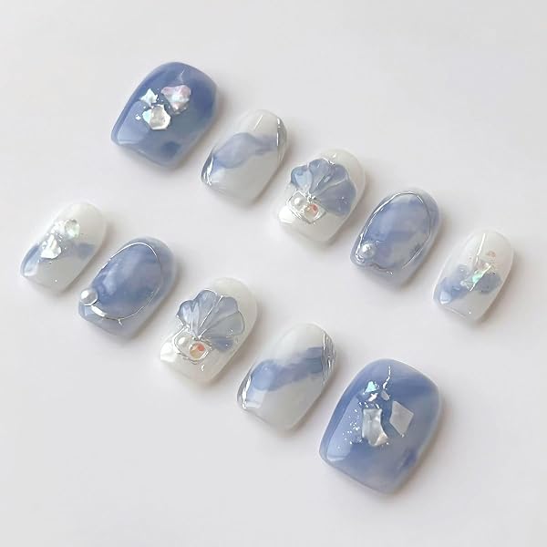 LemiVibe·「海ノ風」ネイルチップ ショート 短め 青 水色 100%ハンドメイド 貼るだけネイル つけづめ つけ爪 春 人気 可愛い 韓国 ジェルネイル ネイルシール セルフネイル ネイルステッカー おうちネイル ネイルデザイン セルフネイル ネイルアート - 1