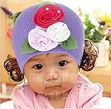 帽子 ベビー　キャップ キッズ　子供ハット かつら ウィッグ 付き 新生児 女の子 ヘアバンド ヘアアクセサリーFlower パープル