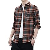 Vlakteven チェックシャツメンズ カジュアルシャツ 長袖 ボタンダウン フランネルシャツ メンズ オレンジ M