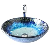 Homelava 現代　手洗い器　蛇口付き　洗面ボウル　洗面器　バスルーム　洗面台　洗面用　強化ガラス製　円形　排水金具付　ブルー