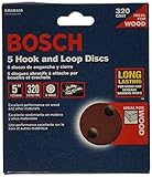 Bosch SR5R320 Random Orbit Sander Hook and Loop 8 Hole Disc 5-Inch 320 Grit Sand Paper, Red, 5-Pack 