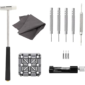 腕時計ベルト調整 工具 修理 12点セット 腕時計バンド ハンマー ベルト固定台座 コマ外し スペアピン バネ棒外し ピ…