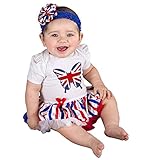 赤　白　青　ドレス　イギリス　バタフライ　フラグ　ベビー服　ワンピース　ロンパース　チュチュ 　パーティー　リボンヘッドバンド　セット　半袖 (M) [並行輸入品]