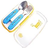 HBF ベビー食器 フォーク&スプーン セット ステンレス製 やけど防止 梱包ケース付 安全 安心 キッズ 男の子 女の子 子供 (ブルー)