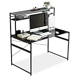 パソコンデスク デスク PCデスク 本棚 可動棚 シェルフ 収納 ガラス天板 幅120cm ブラック