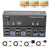 4K KVM スイッチ 3 モニター 2 コンピュータ トリップル モニター ディスプレイポート と 2 つの HDMI USB 3.0 KVM スイッチ4K@60Hz 、サポート拡張された/ミラー モードはデスクトップ コントローラー、含まれるアダプターの3つのUSB 3.0ポートを共有します
