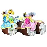 おむつバイク 出産祝い Sassy サッシー オムツバイク ビブ ラトル タオル マグ おむつケーキ 手作り 豪華6点付 (ムーニーテープタイプＳサイズ, ブルー)