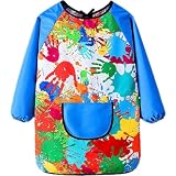 キッズエプロン アートエプロン 絵画 防水 長袖エプロン カバー ポケット付き 子供 赤ちゃん 男の子 女の子 幼稚園 アート絵画用 食事用 習字用 青 120-140cm