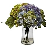 Nearly Natural 4935 Hydrangea with Glass Vase Arrangement, Green/Lavender by Nearly Natural