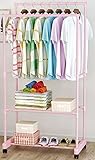 SUOERNUO ハンガーラック　ワードローブ　棚板2枚　前後ハンガーパイプ　キャスター付き　組立簡単　楽々移動　衣類収納　メタルラック　　 (ピンク)